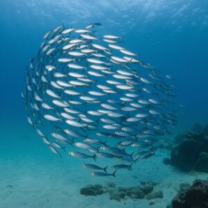 Ein Fischschwarm schwimmt im Einklang wie ein großer Organismus