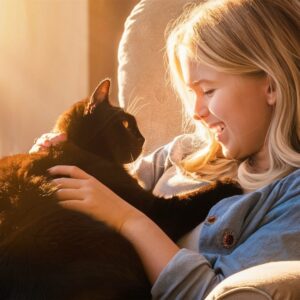 Ein junges Mädchen spricht mit ihrer Katze in einem Tiergespräch