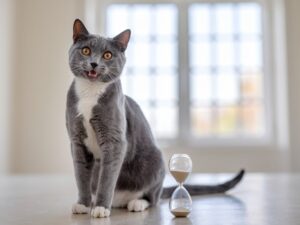 neben einer Katze steht eine halb durchgelaufene Sanduhr