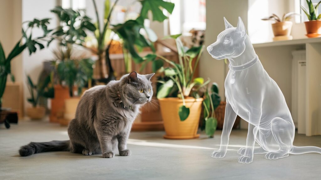 Eine Katze schaut ihren Hundefreund an, der ein Geist ist