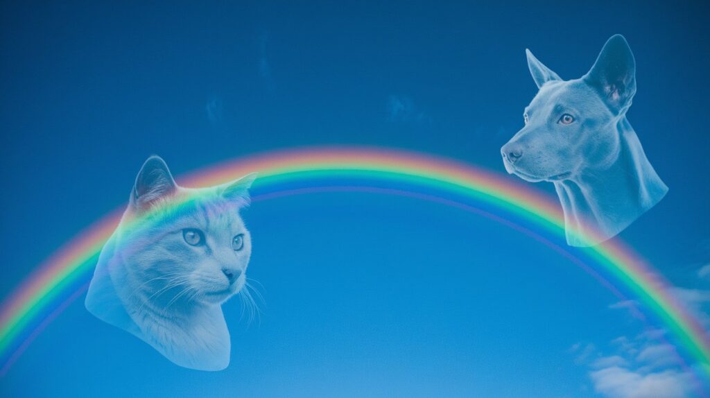 Ein Katzenkopf und ein Hundekopf (beides Geister) schweben über einem Regenbogen