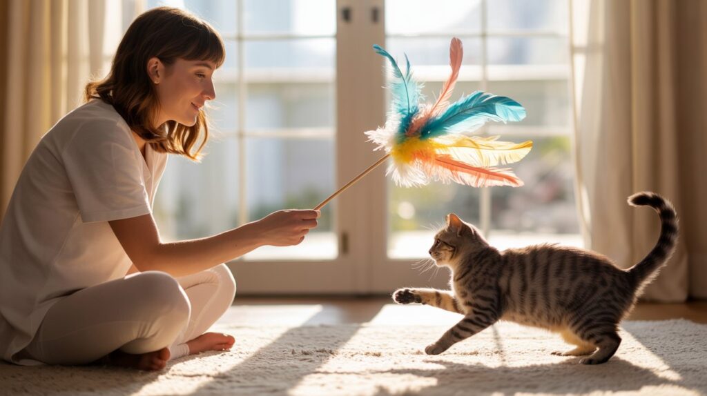 Eine Frau versucht ihre trauernde Katze durch ein Spiel abzulenken