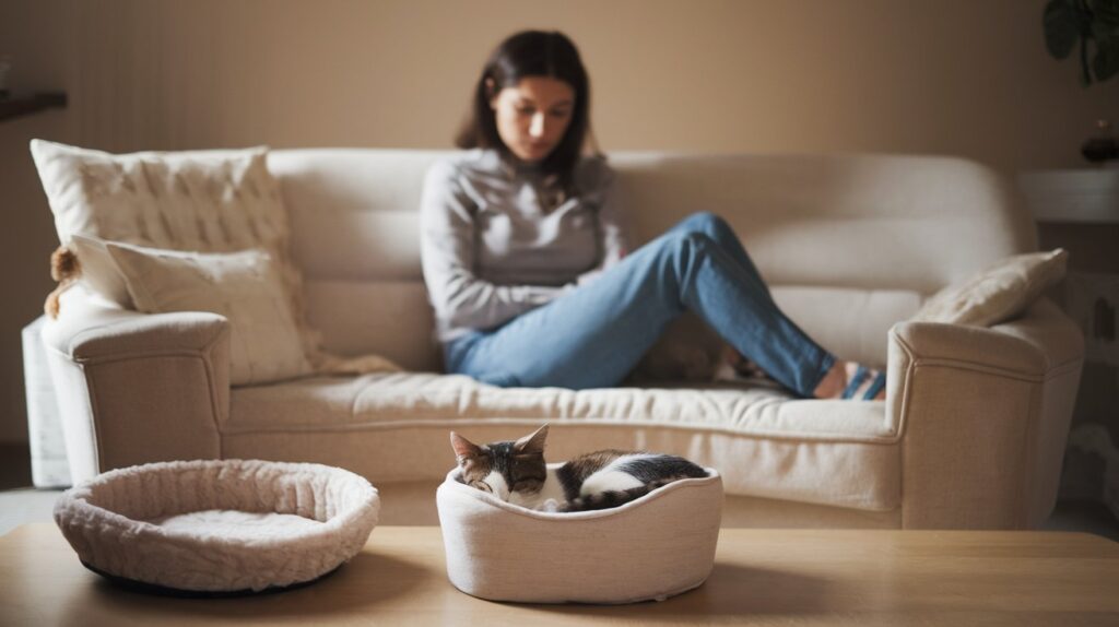 Frau trauert um Tierfreund und ihre Katze liegt in ihrem Körbchen neben einem leeren Katzenbett