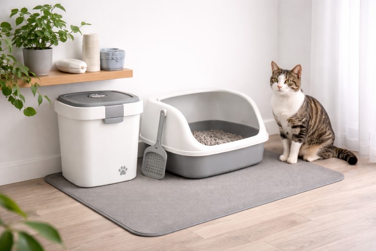 Zur Grundausstattung für eine Katze gehört eine Katzentoilette, mit Streuschaufel, Eimer und eine Vorlage