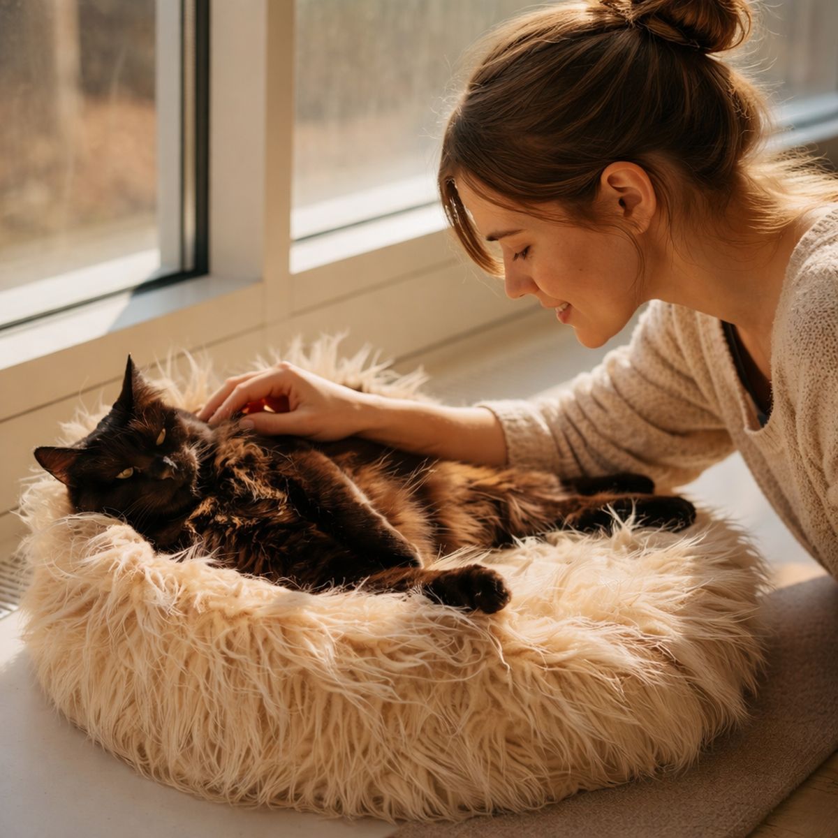 Eine Frau bstreichelt eine Katze, die entspannt in ihrem Bettchen liegt.