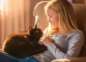 Eine Katze liegt auf dem Schoß eines lachenden Mädchens. Sie schauen sich beide an.