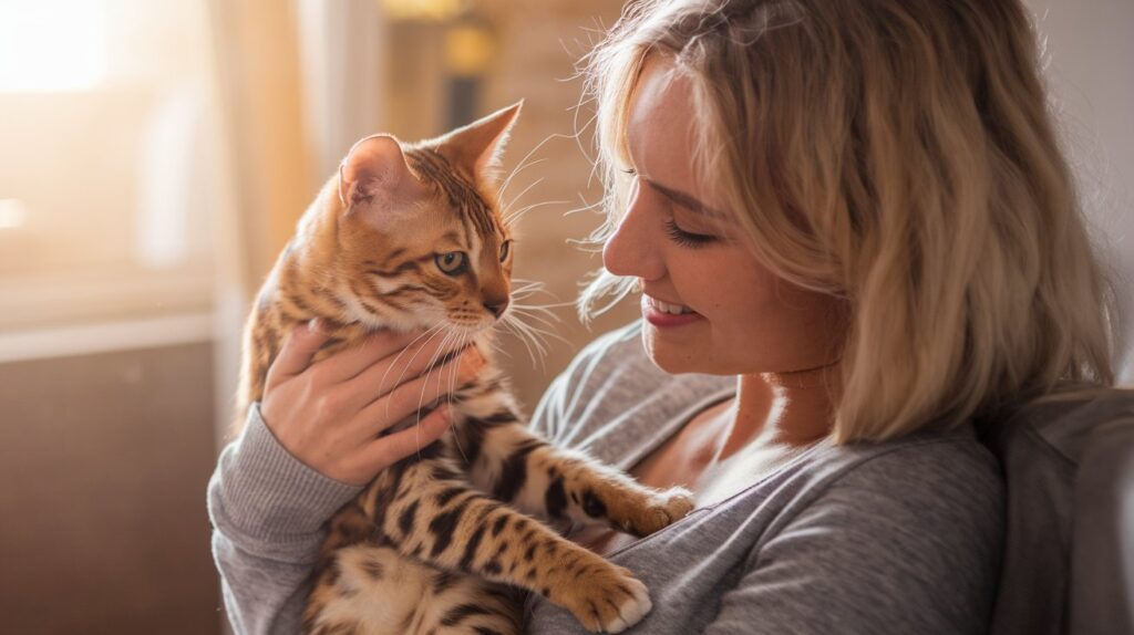 Eine Frau hat ihre Katze auf dem Arm und nimmt liebevoll Kontakt mit ihrer Katze auf