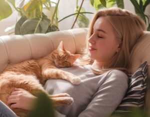 Eine orang farbene Katze liegt auf einer jungen Frau. Beide haben die Augen geschlossen und schlafen auf einem Sofa.
