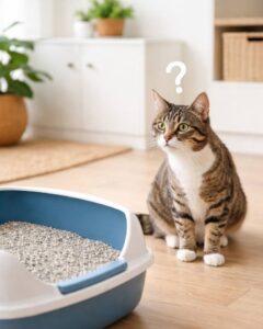 Eine Katze schaut zur Katzentoilette, über ihrem Kopf ist ein Fragezeichen