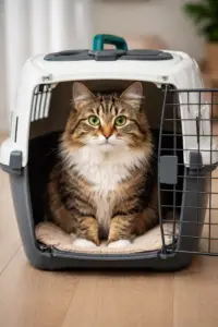 Katze sitzt in Transportbox