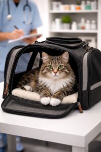 Eine Katze liegt entspannt in eienr Transporttasche auf dem Tisch des Tierarztes