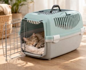 Katze schläft in einem geöffnetem Transportkorb