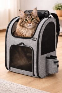 Kater sitzt in einem Rucksack für den Transport