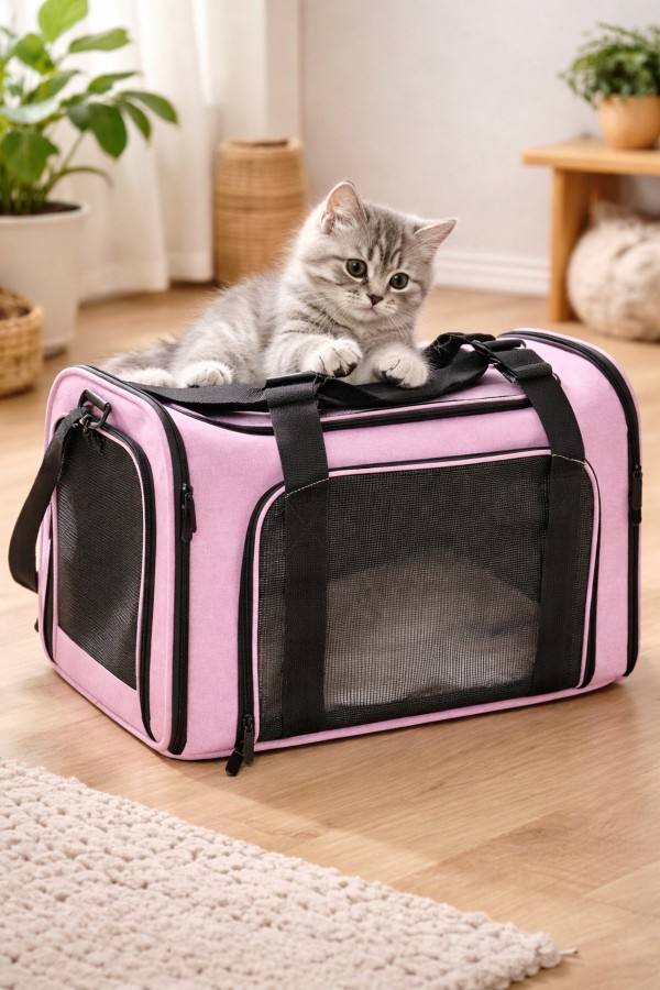 Kleine Katze spielt auf einer Transporttasche