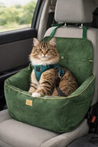 Eine Katze sitzt entspannt in einem Autositz - Transport ohne feste Box